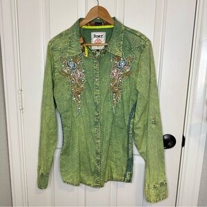 Roar Green Stone Wash Embroidered Bling Laguna Western Snap Button Top Western